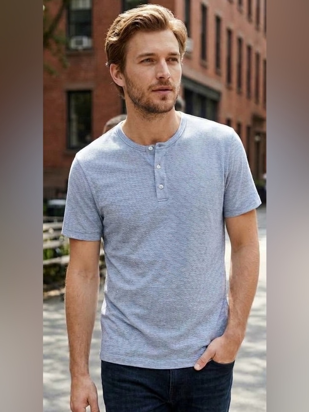 VINCE Men Blue Micro Stripe Short Sleeve Henley Shirt Size Medium